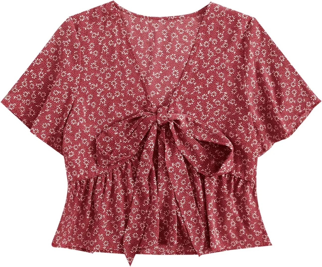 LYANER Women's Floral Print V Neck Tie Knot Ruffle Hem Short Sleeve Blouse Peplum Top