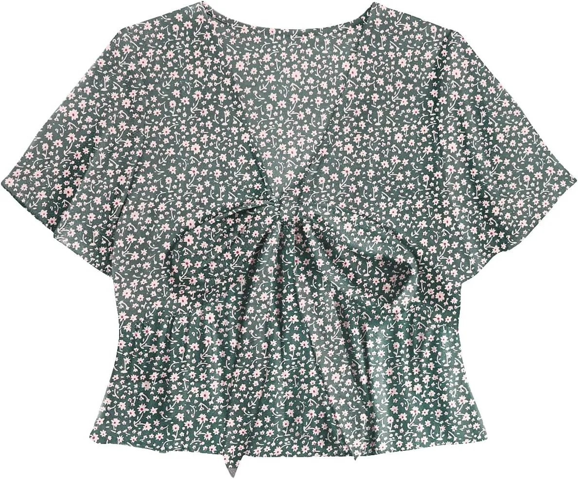 LYANER Women's Floral Print V Neck Tie Knot Ruffle Hem Short Sleeve Blouse Peplum Top