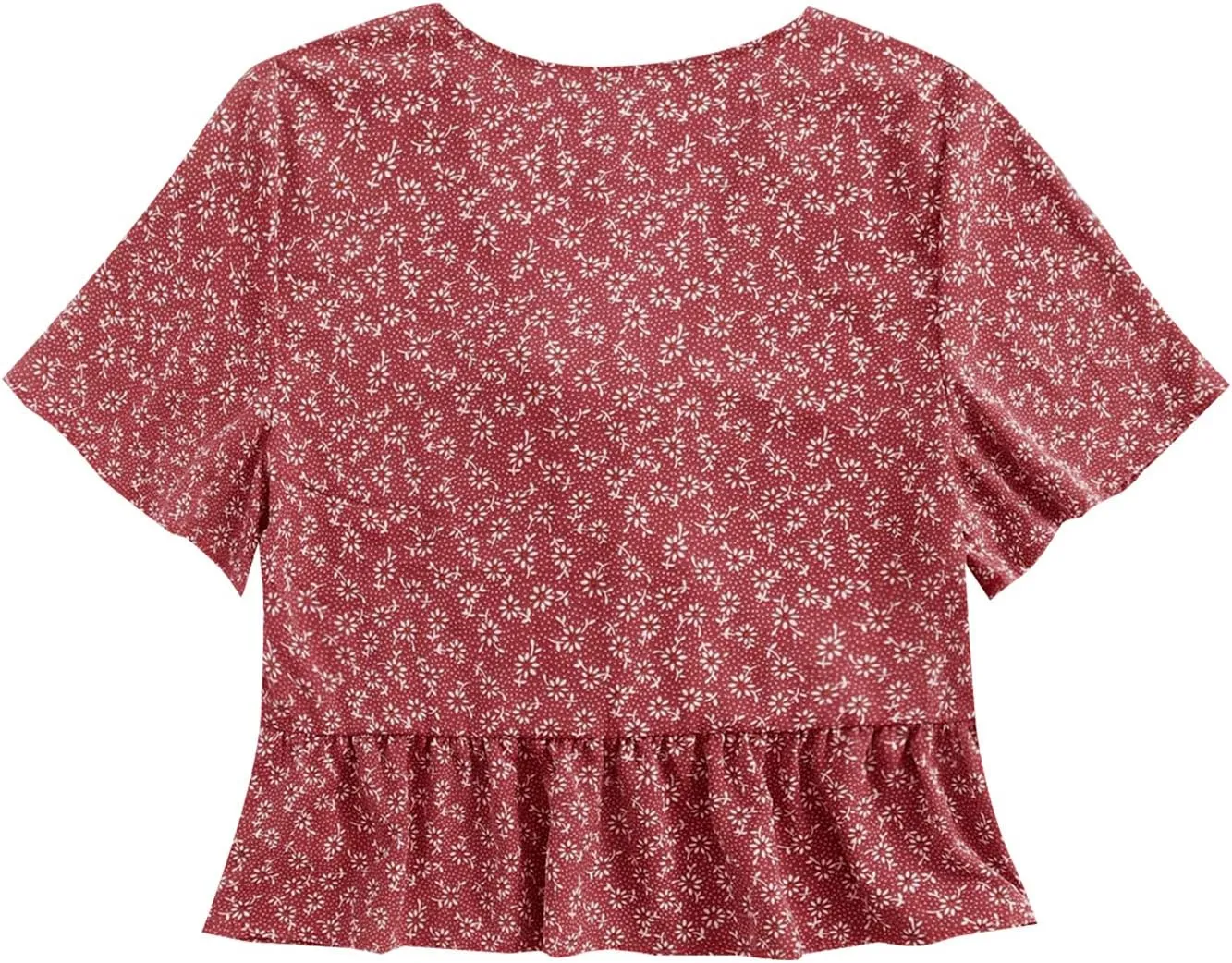LYANER Women's Floral Print V Neck Tie Knot Ruffle Hem Short Sleeve Blouse Peplum Top