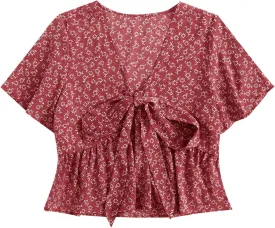 LYANER Women's Floral Print V Neck Tie Knot Ruffle Hem Short Sleeve Blouse Peplum Top