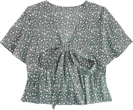 LYANER Women's Floral Print V Neck Tie Knot Ruffle Hem Short Sleeve Blouse Peplum Top