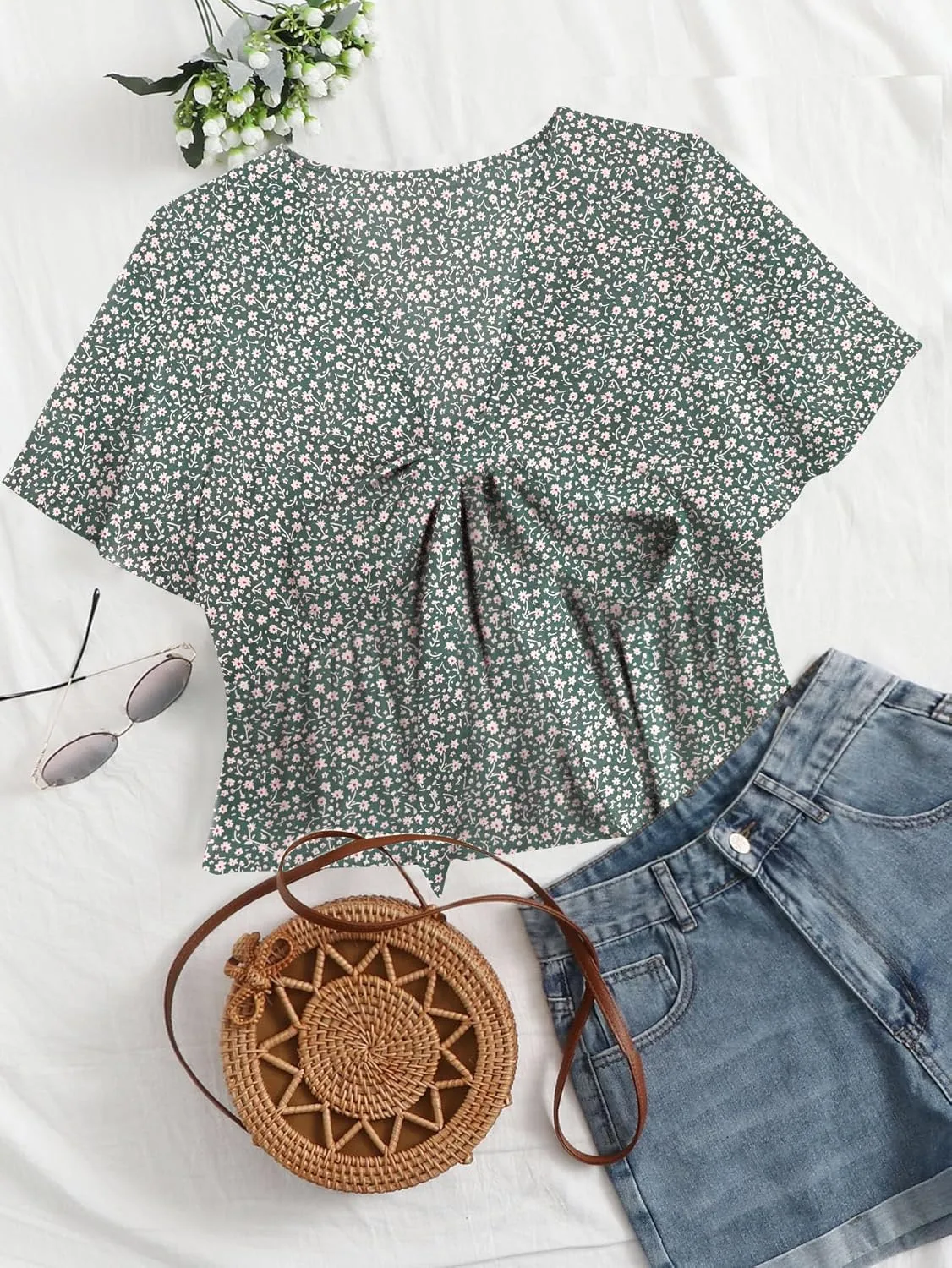 LYANER Women's Floral Print V Neck Tie Knot Ruffle Hem Short Sleeve Blouse Peplum Top