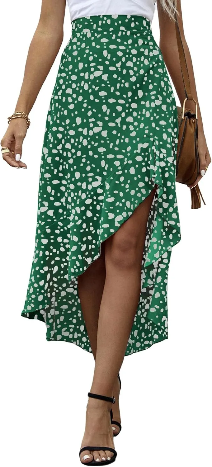 LYANER Women's Floral Printed Split High Low Ruffle Hem Elastic Waist Midi Skirt