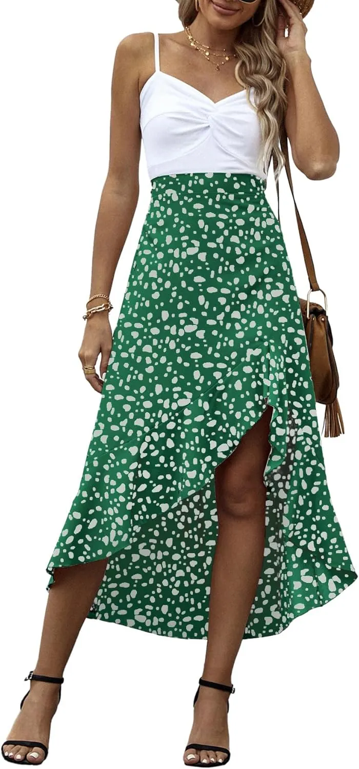 LYANER Women's Floral Printed Split High Low Ruffle Hem Elastic Waist Midi Skirt