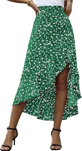 LYANER Women's Floral Printed Split High Low Ruffle Hem Elastic Waist Midi Skirt