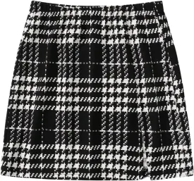 MakeMeChic Women's Houndstooth Elastic Waist Split Hem Skirt Bodycon Slim Fitted Elegant Mini Skirts