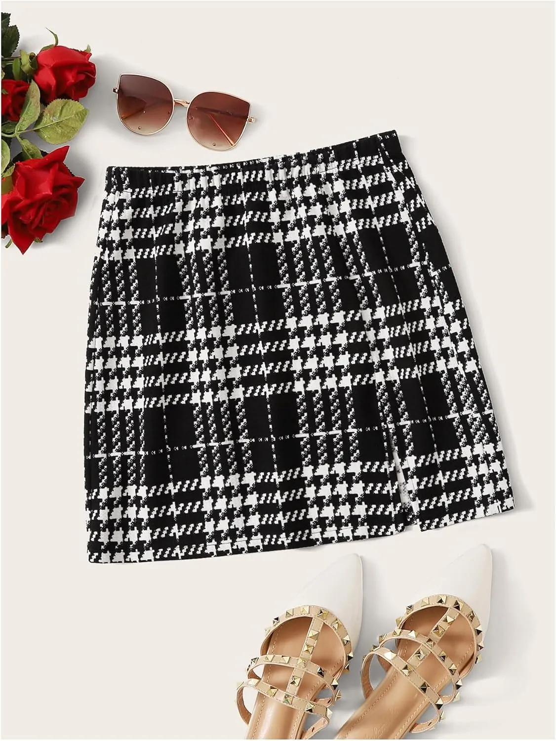 MakeMeChic Women's Houndstooth Elastic Waist Split Hem Skirt Bodycon Slim Fitted Elegant Mini Skirts