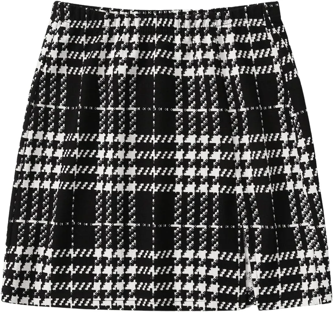 MakeMeChic Women's Houndstooth Elastic Waist Split Hem Skirt Bodycon Slim Fitted Elegant Mini Skirts