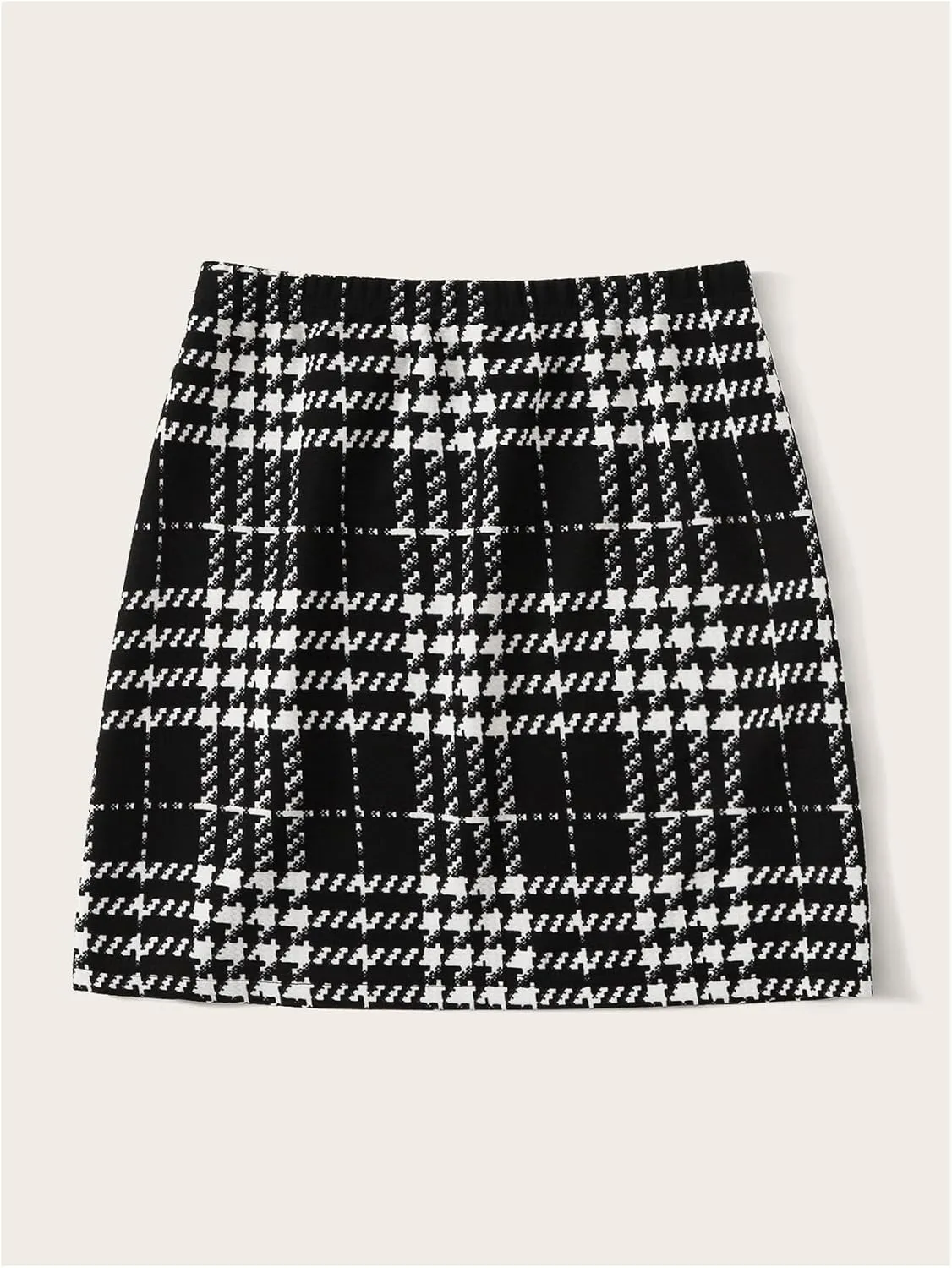 MakeMeChic Women's Houndstooth Elastic Waist Split Hem Skirt Bodycon Slim Fitted Elegant Mini Skirts