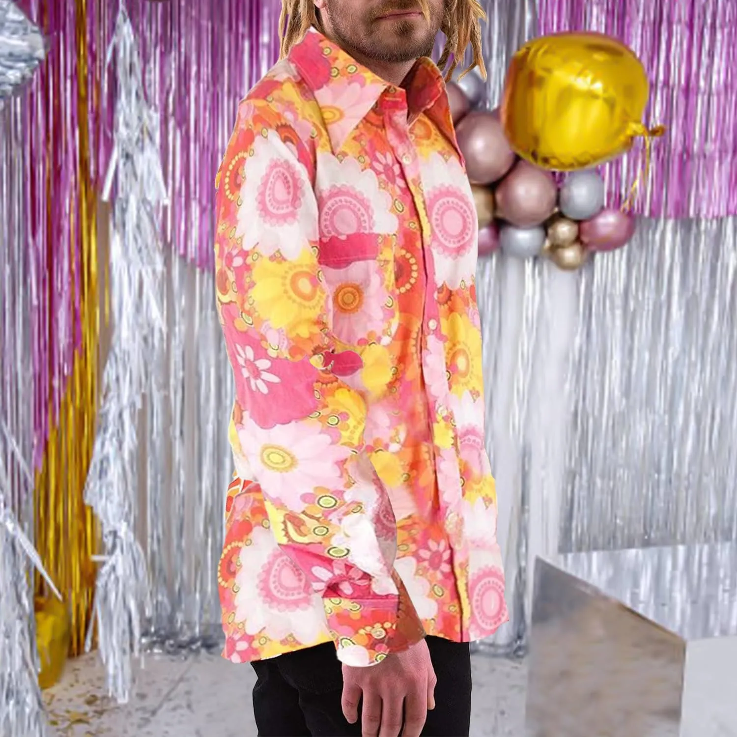 Mens 70s Disco Hip Hop Shirts Casual Button Down Paisley Floral Vintage Long Sleeve Large Collar Shirt