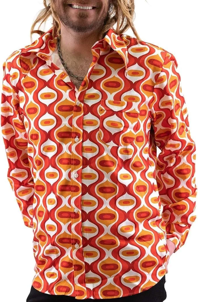 Mens 70s Disco Hip Hop Shirts Casual Button Down Paisley Floral Vintage Long Sleeve Large Collar Shirt
