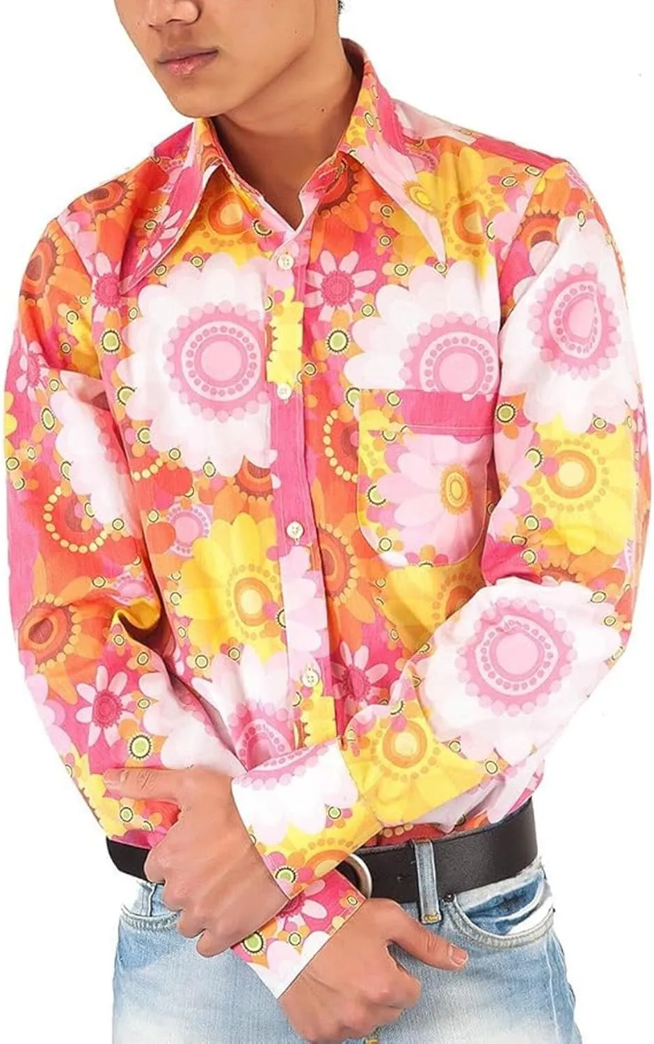 Mens 70s Disco Hip Hop Shirts Casual Button Down Paisley Floral Vintage Long Sleeve Large Collar Shirt