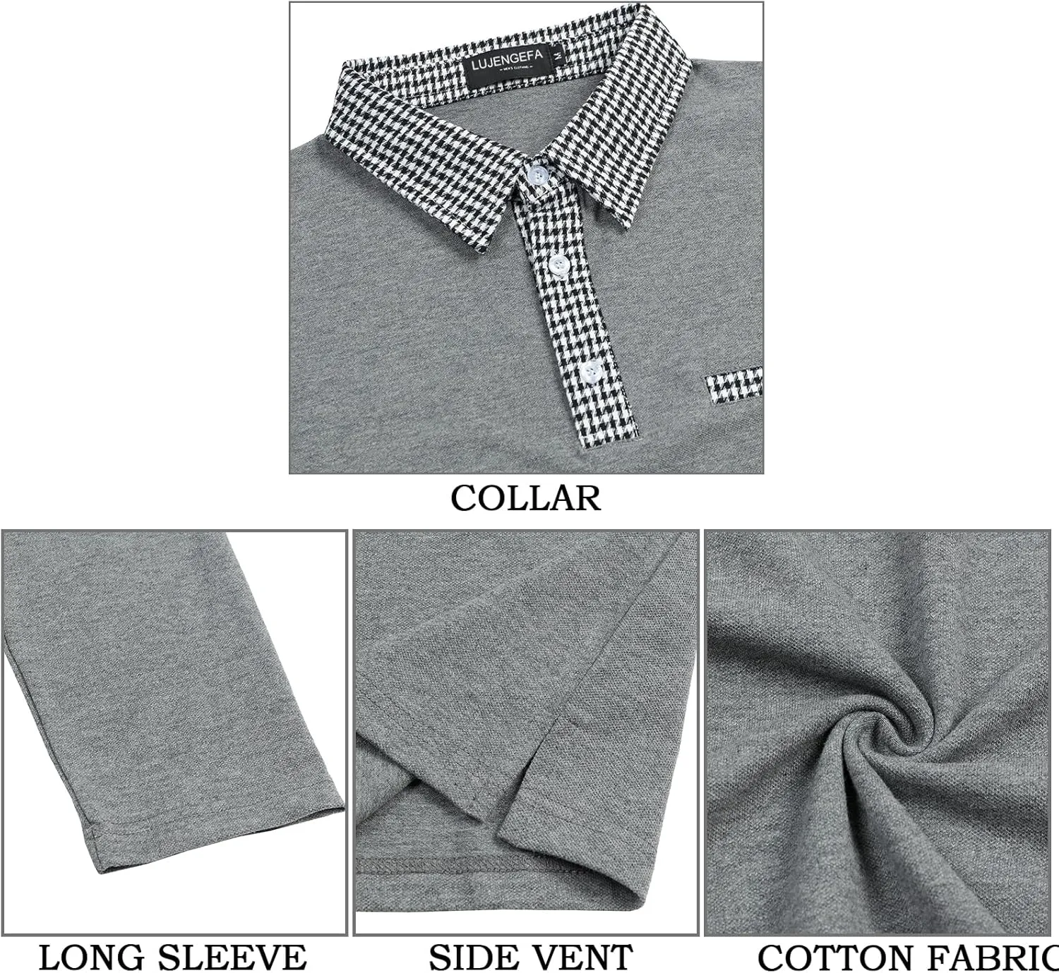 Mens Long Sleeve Polo Shirts with Collar Houndstooth Casual Slim fit Golf Fall Winter Cotton T Shirts Tops for Men