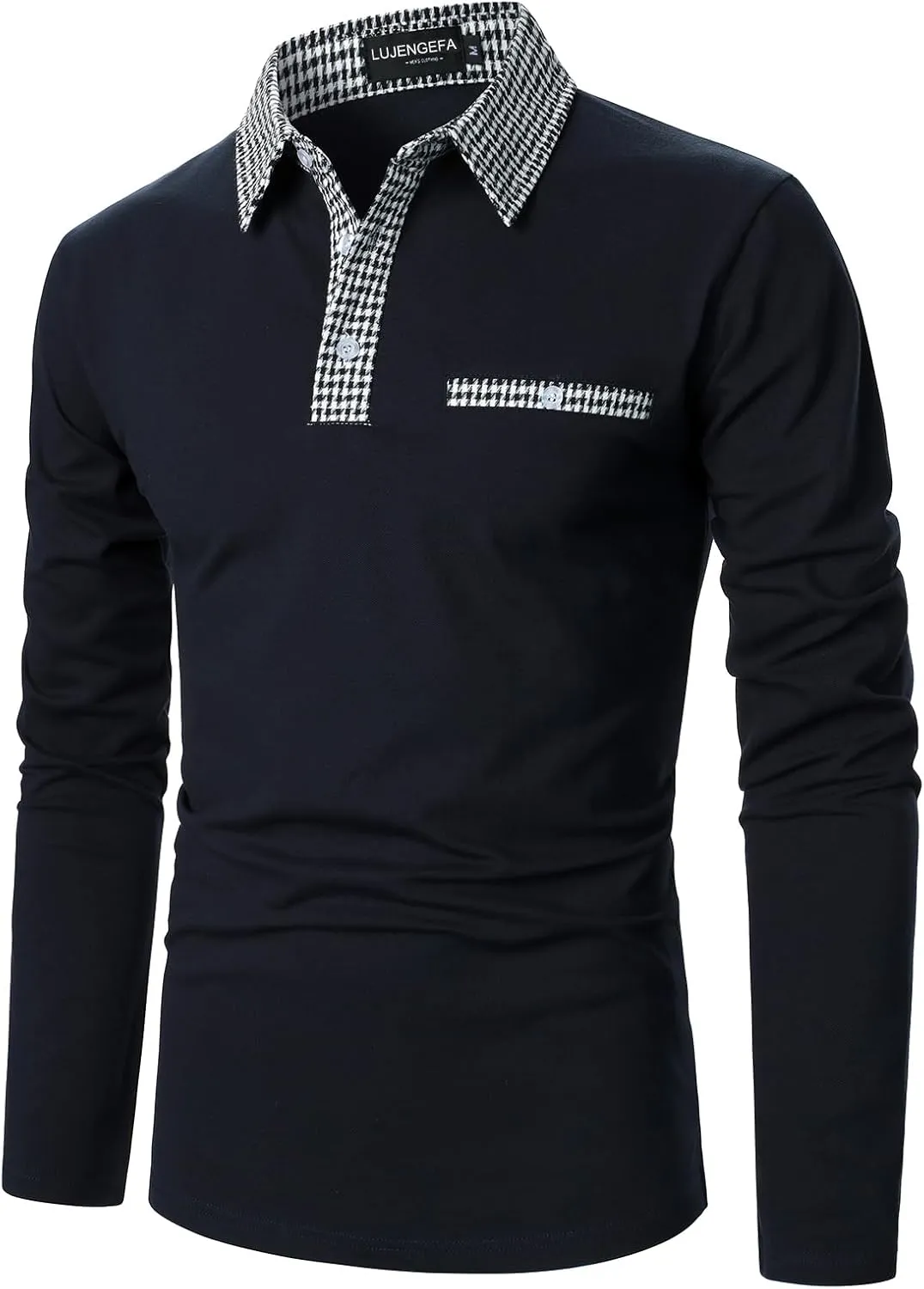 Mens Long Sleeve Polo Shirts with Collar Houndstooth Casual Slim fit Golf Fall Winter Cotton T Shirts Tops for Men