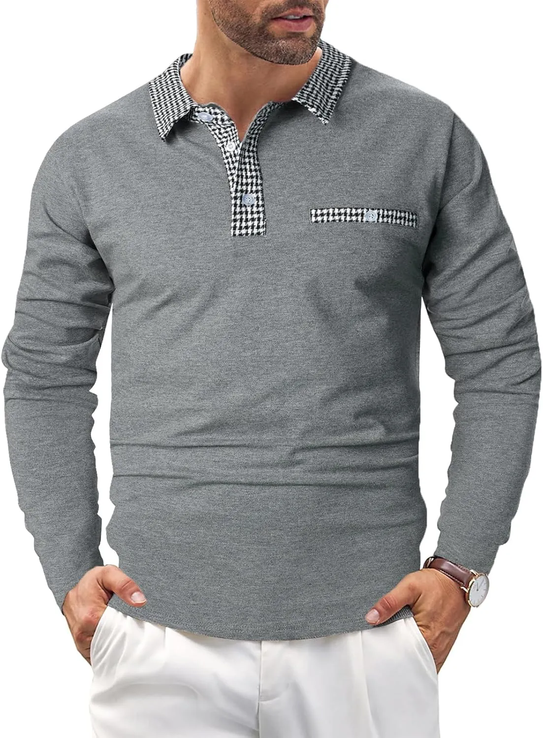 Mens Long Sleeve Polo Shirts with Collar Houndstooth Casual Slim fit Golf Fall Winter Cotton T Shirts Tops for Men