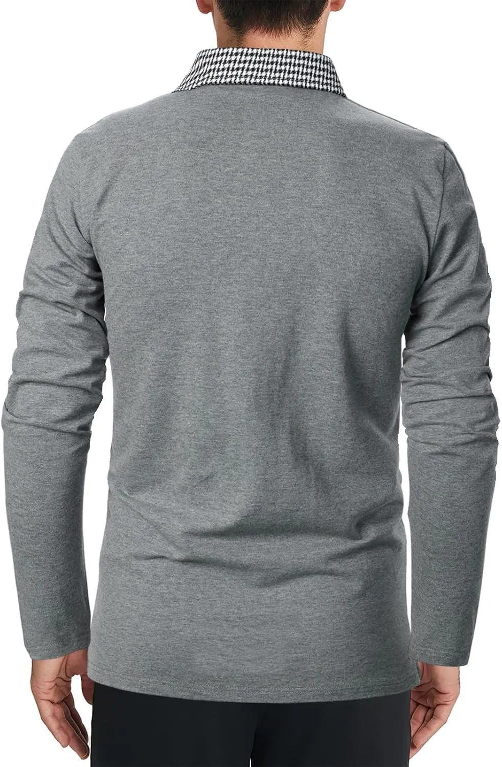 Mens Long Sleeve Polo Shirts with Collar Houndstooth Casual Slim fit Golf Fall Winter Cotton T Shirts Tops for Men
