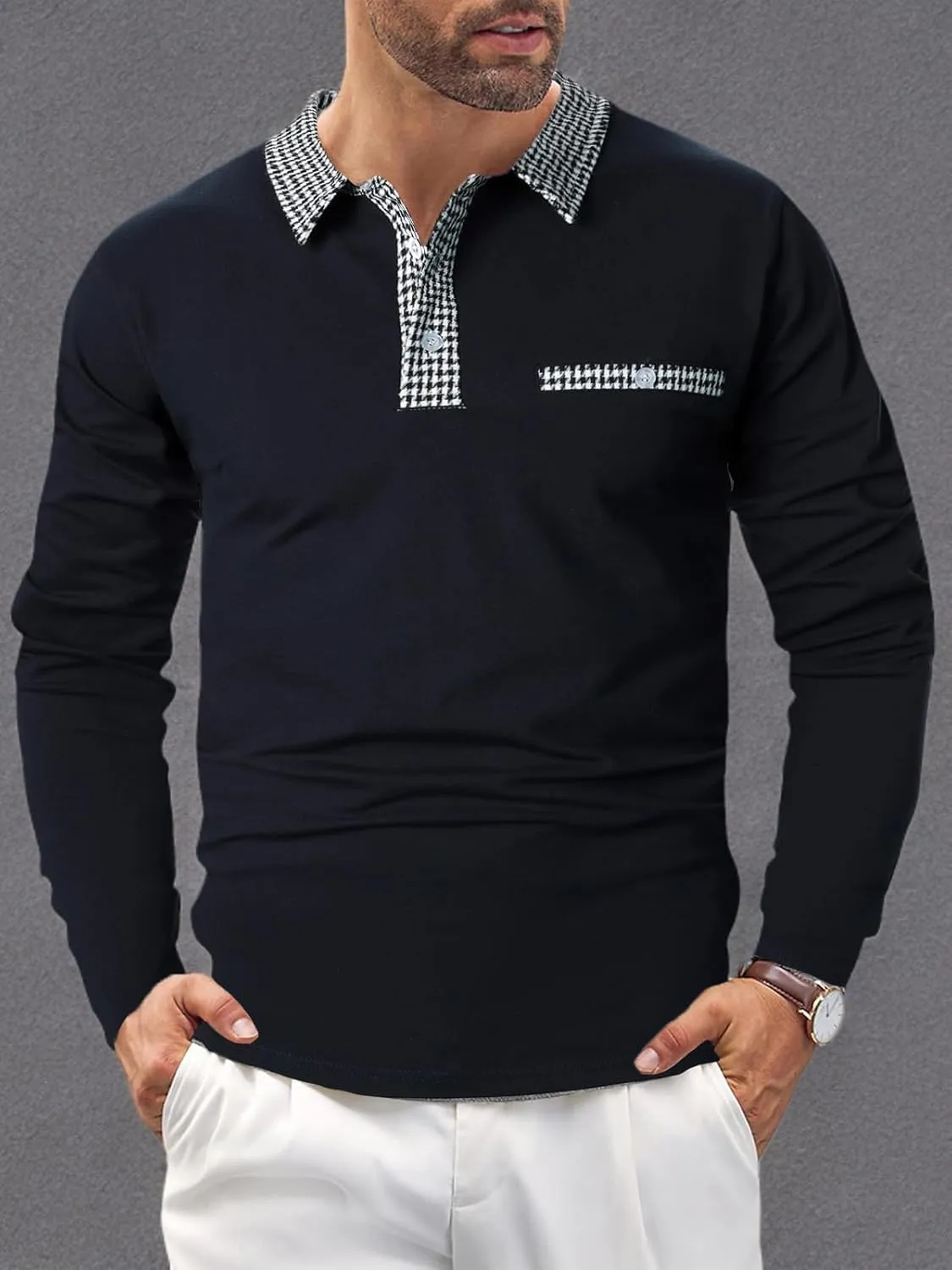 Mens Long Sleeve Polo Shirts with Collar Houndstooth Casual Slim fit Golf Fall Winter Cotton T Shirts Tops for Men
