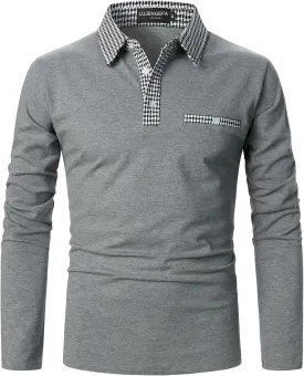 Mens Long Sleeve Polo Shirts with Collar Houndstooth Casual Slim fit Golf Fall Winter Cotton T Shirts Tops for Men
