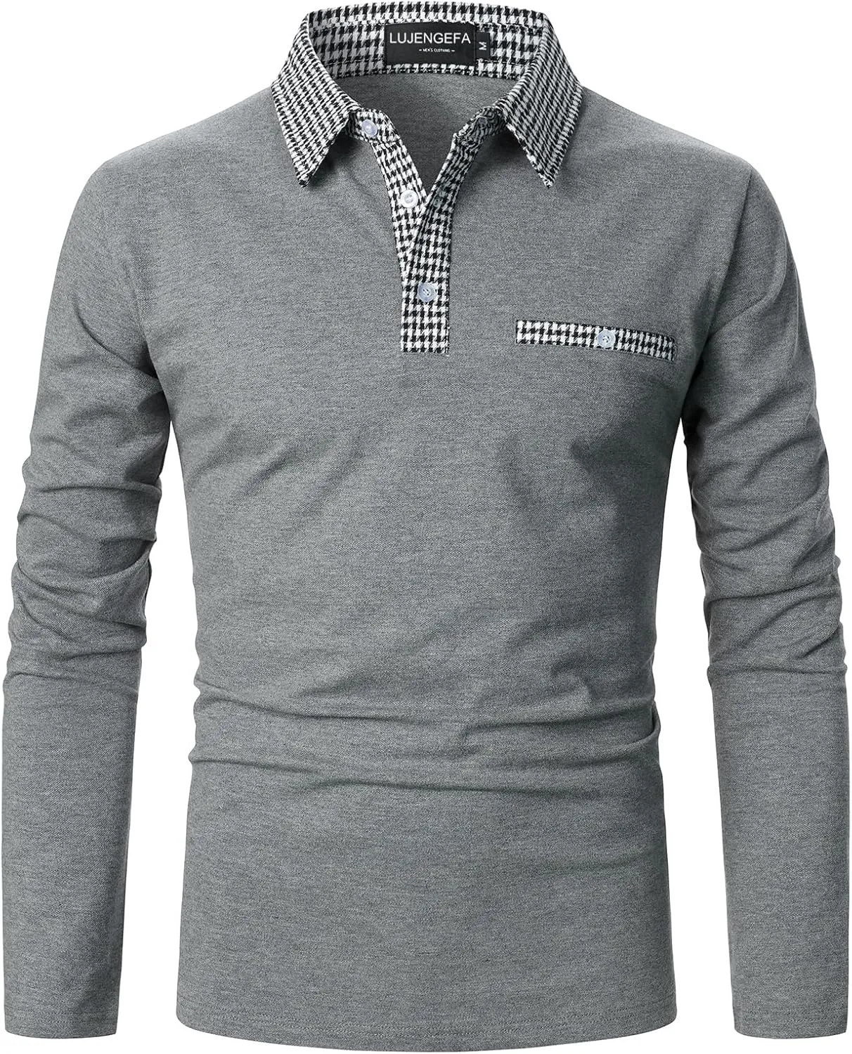 Mens Long Sleeve Polo Shirts with Collar Houndstooth Casual Slim fit Golf Fall Winter Cotton T Shirts Tops for Men