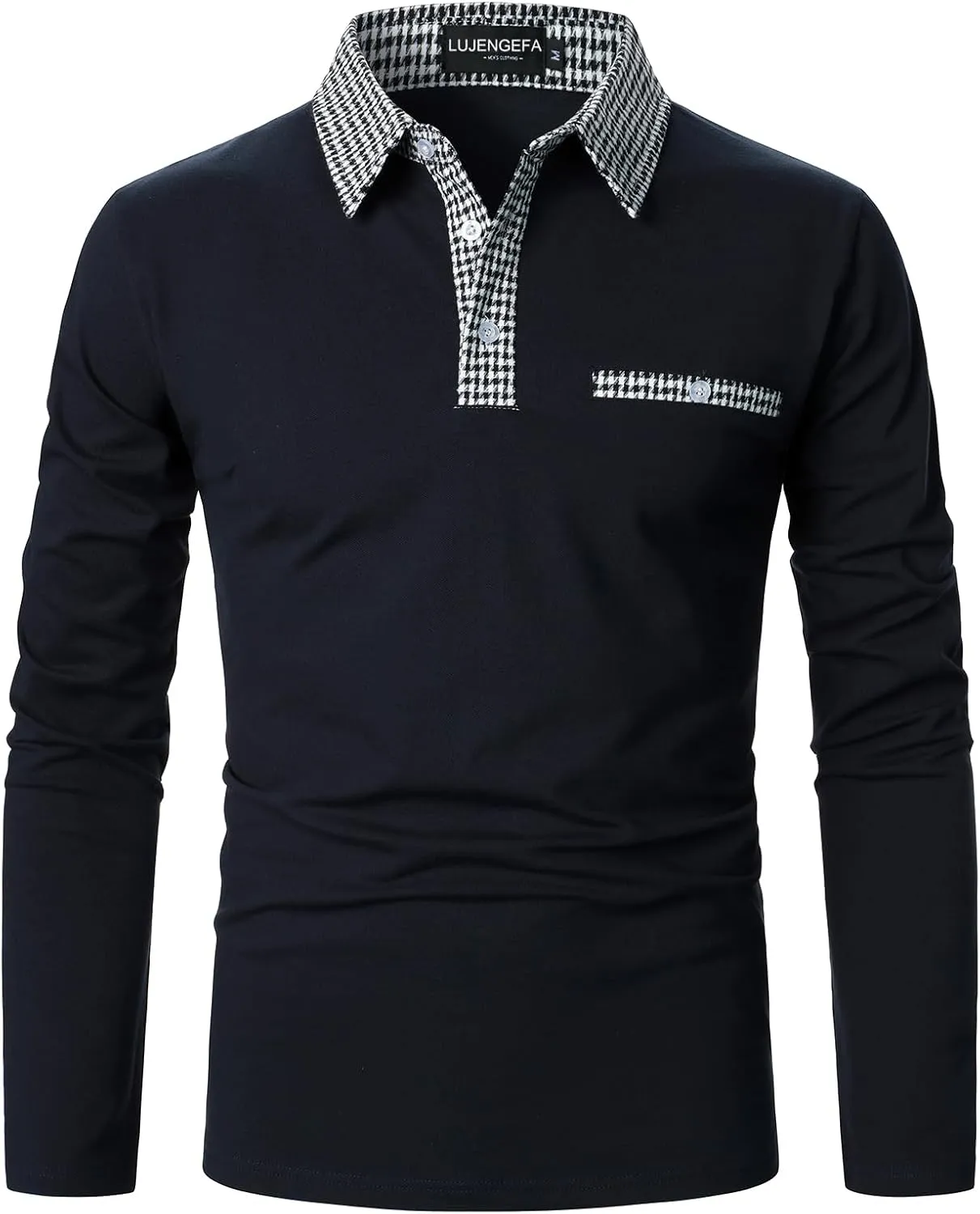 Mens Long Sleeve Polo Shirts with Collar Houndstooth Casual Slim fit Golf Fall Winter Cotton T Shirts Tops for Men