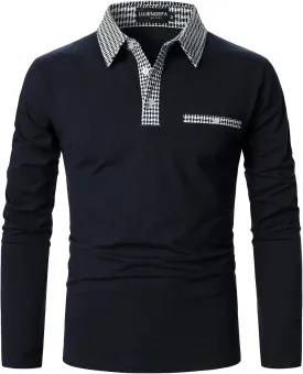 Mens Long Sleeve Polo Shirts with Collar Houndstooth Casual Slim fit Golf Fall Winter Cotton T Shirts Tops for Men