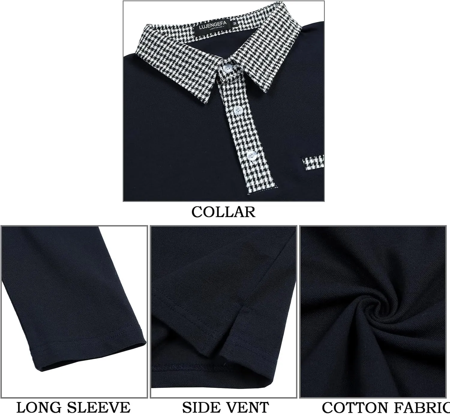 Mens Long Sleeve Polo Shirts with Collar Houndstooth Casual Slim fit Golf Fall Winter Cotton T Shirts Tops for Men