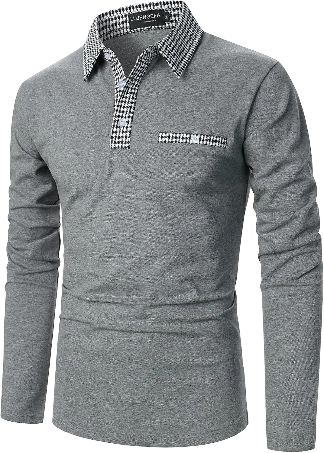 Mens Long Sleeve Polo Shirts with Collar Houndstooth Casual Slim fit Golf Fall Winter Cotton T Shirts Tops for Men