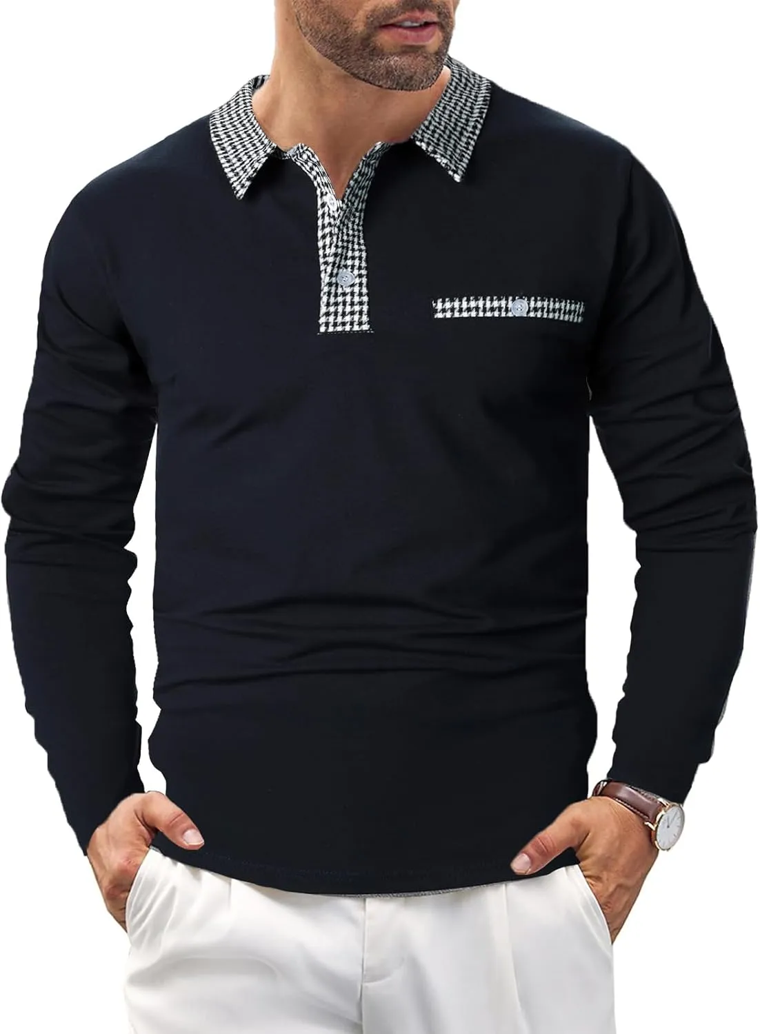 Mens Long Sleeve Polo Shirts with Collar Houndstooth Casual Slim fit Golf Fall Winter Cotton T Shirts Tops for Men
