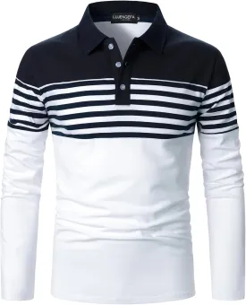 Mens Polo Shirts Long/Short Sleeve Striped Casual Slim Fit Golf Polo Contrast Color Summer Cotton T-Shirts