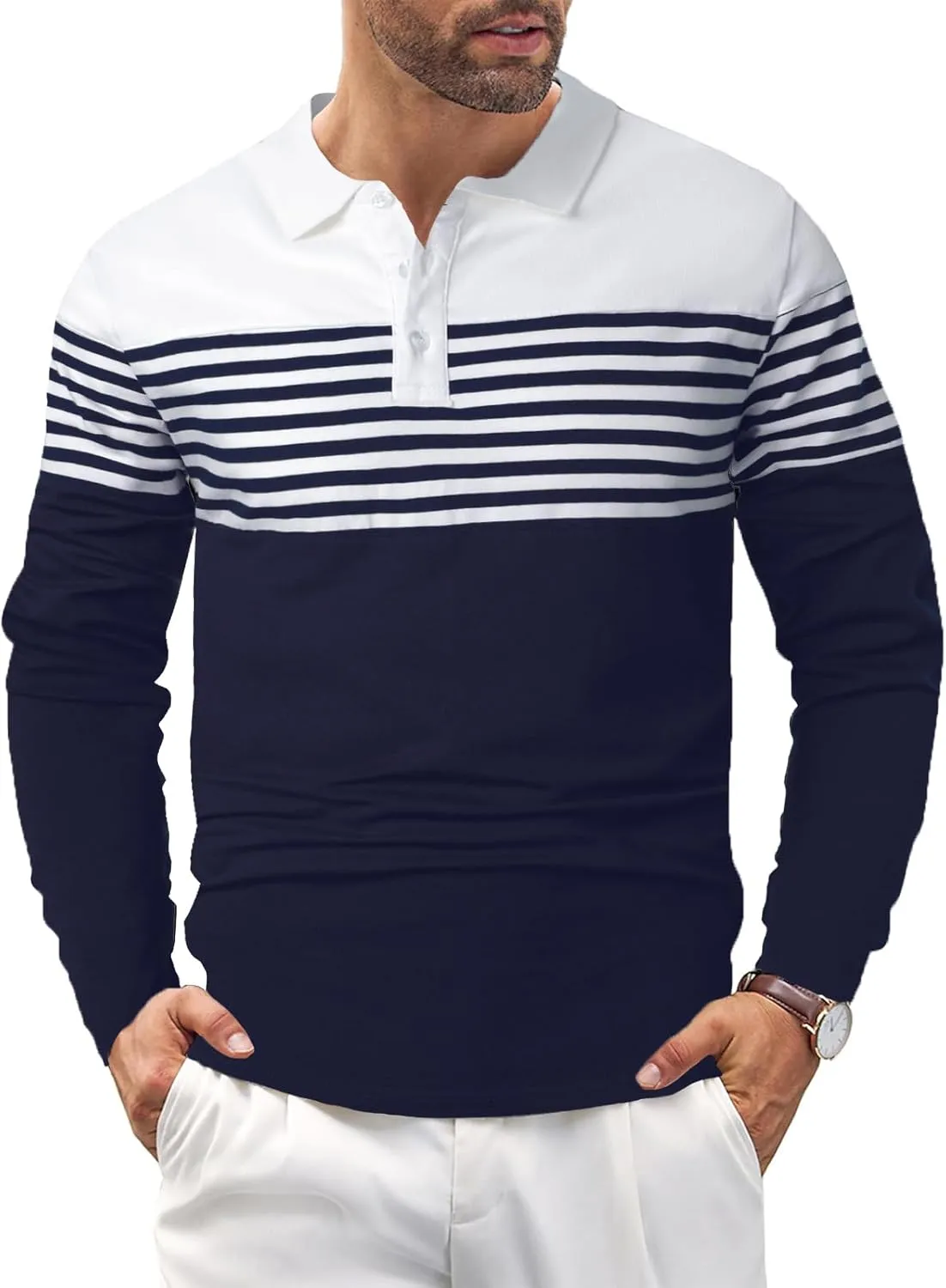 Mens Polo Shirts Long/Short Sleeve Striped Casual Slim Fit Golf Polo Contrast Color Summer Cotton T-Shirts
