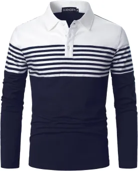 Mens Polo Shirts Long/Short Sleeve Striped Casual Slim Fit Golf Polo Contrast Color Summer Cotton T-Shirts