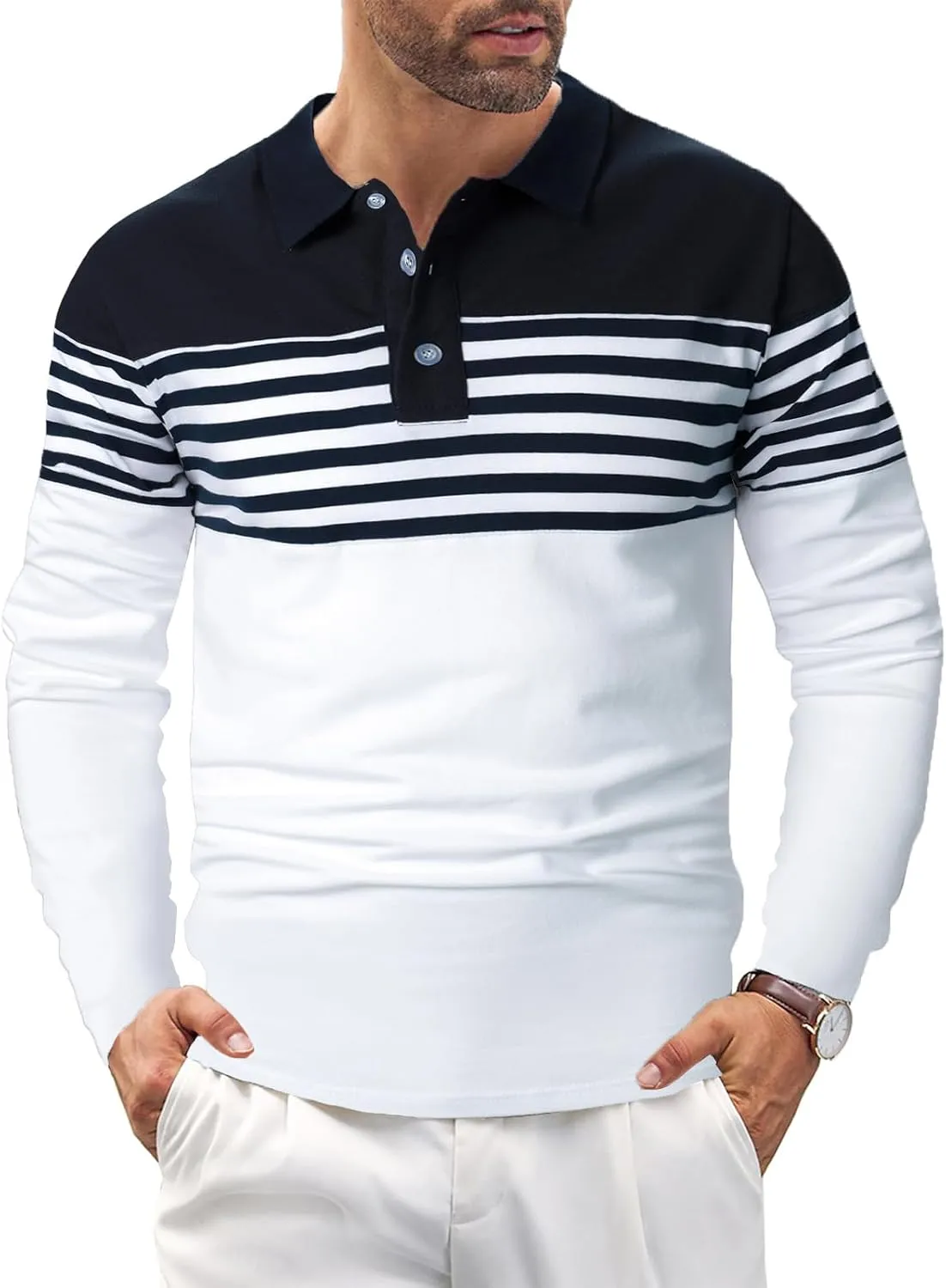 Mens Polo Shirts Long/Short Sleeve Striped Casual Slim Fit Golf Polo Contrast Color Summer Cotton T-Shirts