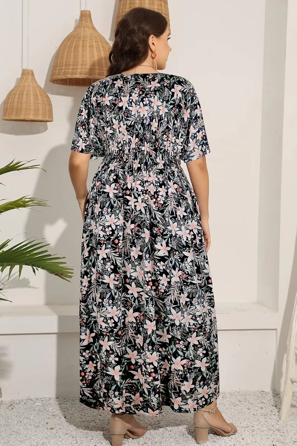 OSTOO Women's Plus Size Hawaii Empire Waist Bat Short Sleeve Casual Floral Print Boho Maxi Dress