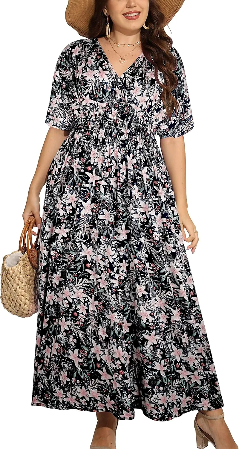 OSTOO Women's Plus Size Hawaii Empire Waist Bat Short Sleeve Casual Floral Print Boho Maxi Dress