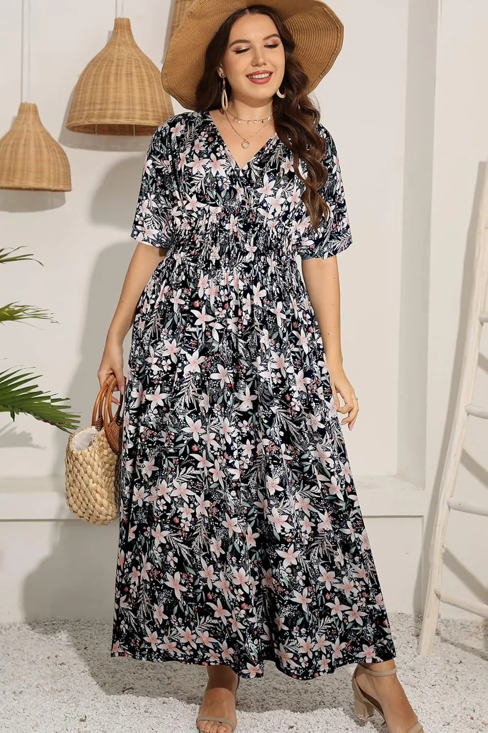 OSTOO Women's Plus Size Hawaii Empire Waist Bat Short Sleeve Casual Floral Print Boho Maxi Dress