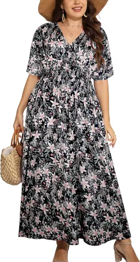 OSTOO Women's Plus Size Hawaii Empire Waist Bat Short Sleeve Casual Floral Print Boho Maxi Dress