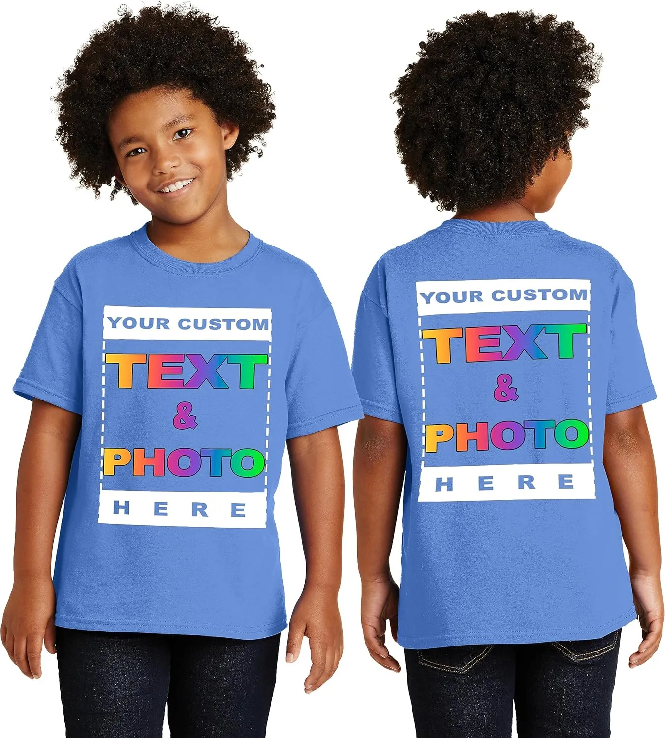 Personalized Youth T-Shirt for Kids Boys Girls - Custom Image & Text - Customized Front/Back Print - XS to X-Large - Colors