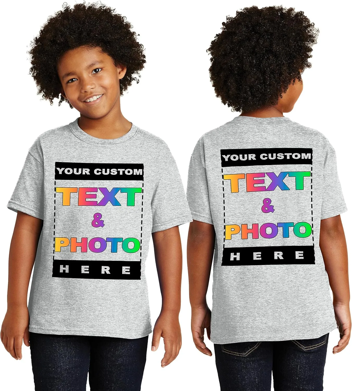 Personalized Youth T-Shirt for Kids Boys Girls - Custom Image & Text - Customized Front/Back Print - XS to X-Large - Colors
