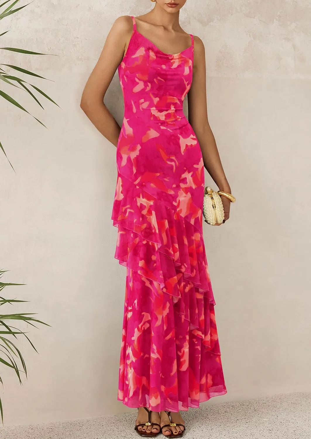 PRETTYGARDEN Maxi Dresses for Women 2025 Summer Tiered Floral Beach Sundress Spaghetti Strap Wedding Guest Long Dress