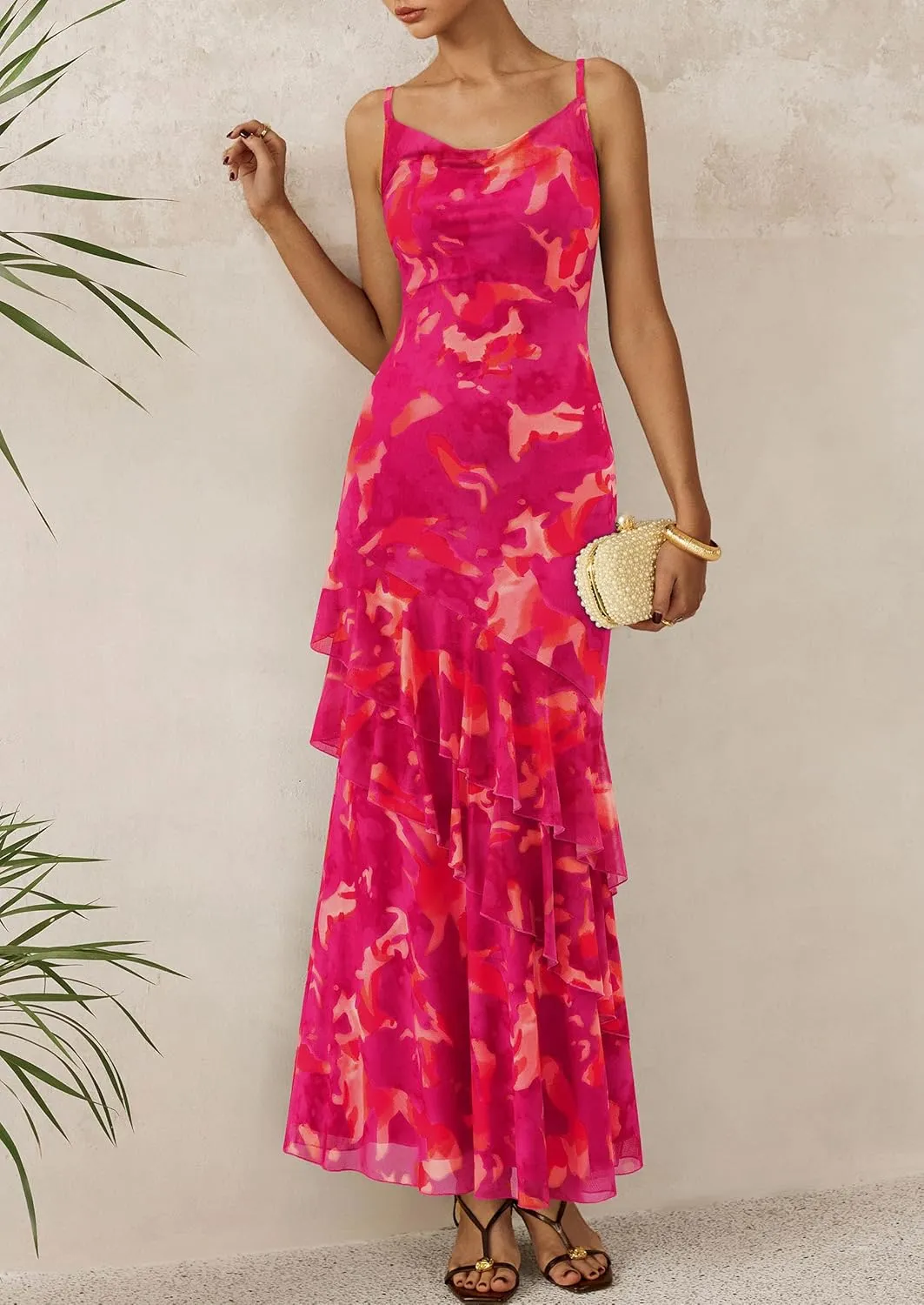 PRETTYGARDEN Maxi Dresses for Women 2025 Summer Tiered Floral Beach Sundress Spaghetti Strap Wedding Guest Long Dress
