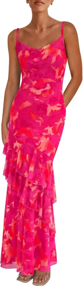 PRETTYGARDEN Maxi Dresses for Women 2025 Summer Tiered Floral Beach Sundress Spaghetti Strap Wedding Guest Long Dress