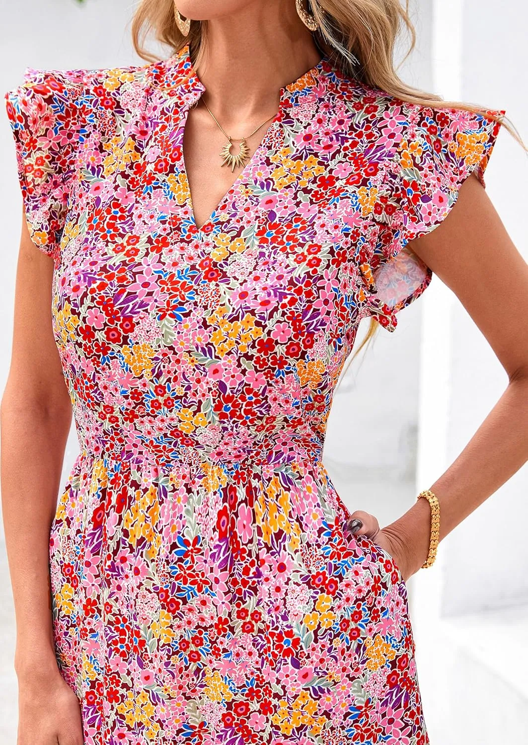 PRETTYGARDEN Women's 2025 Summer Floral Midi Dress Cap Sleeve V Neck Ruffle Long Flowy Boho Casual Beach Vacation Dresses