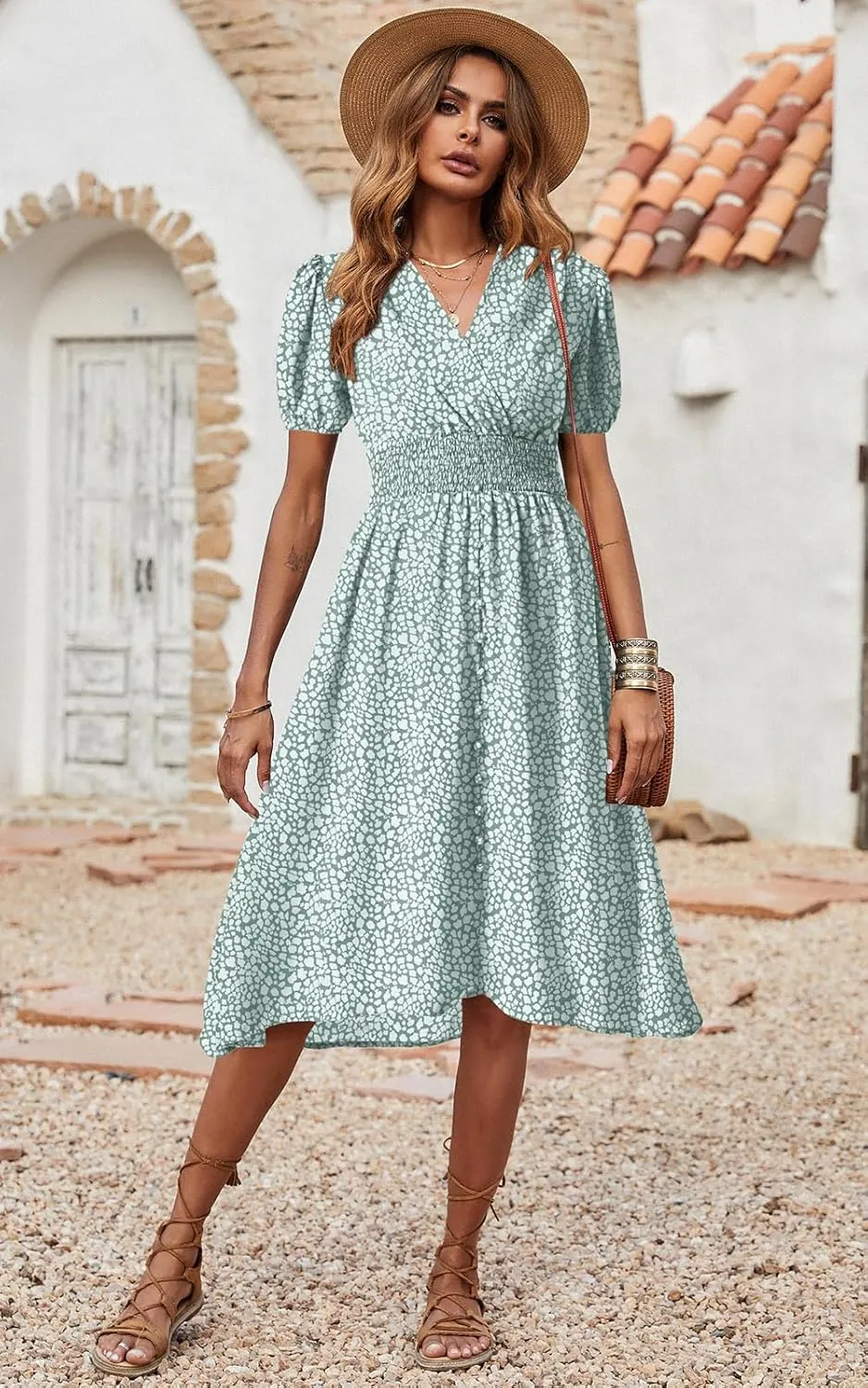 PRETTYGARDEN Women's Floral Wrap V-Neck Midi Dress Short Sleeve Boho Summer Beach Long Dress High Low Hem Smocked Dress Women