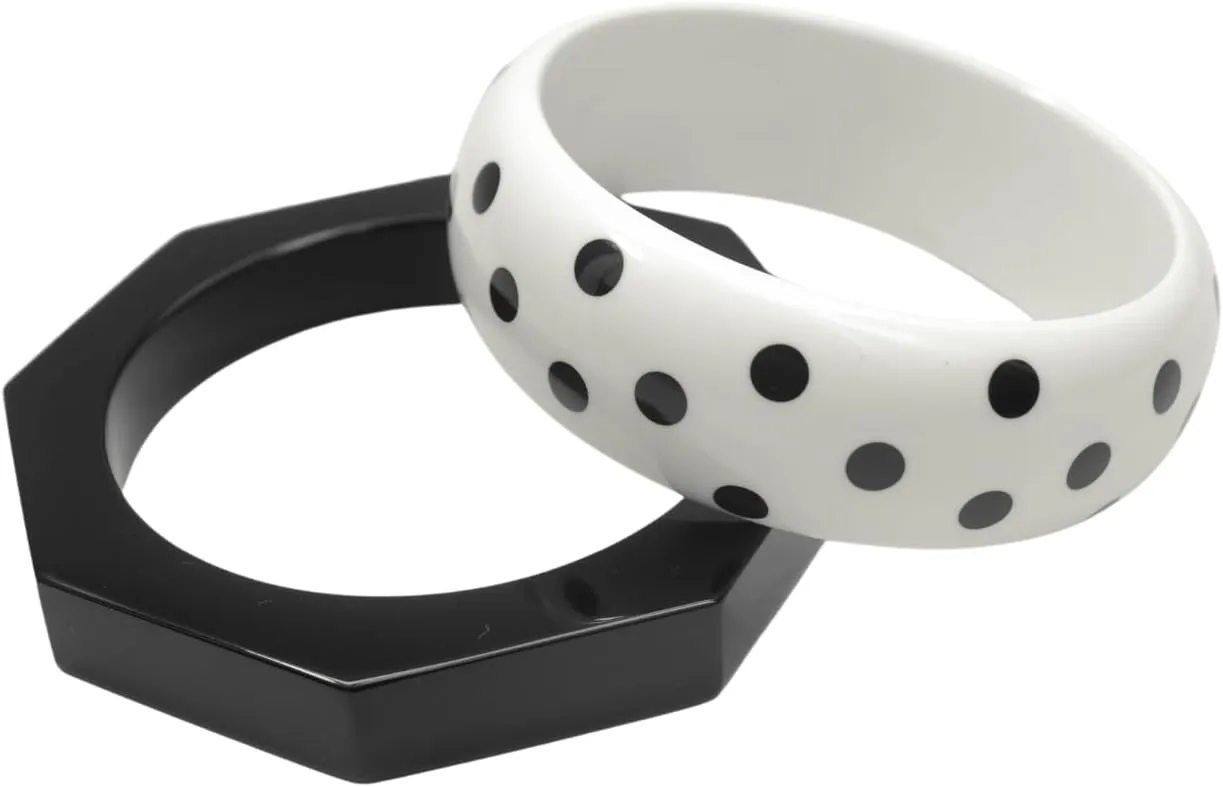 Pure Hands Resin Bangle Bracelet for Women  Panda at Saturn Black and White Handmade Polka Dot Pattern Cuff | Inverted Color Resin Jewelry Studio