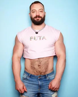 Puta, floral style embroidery on pink - crop top.