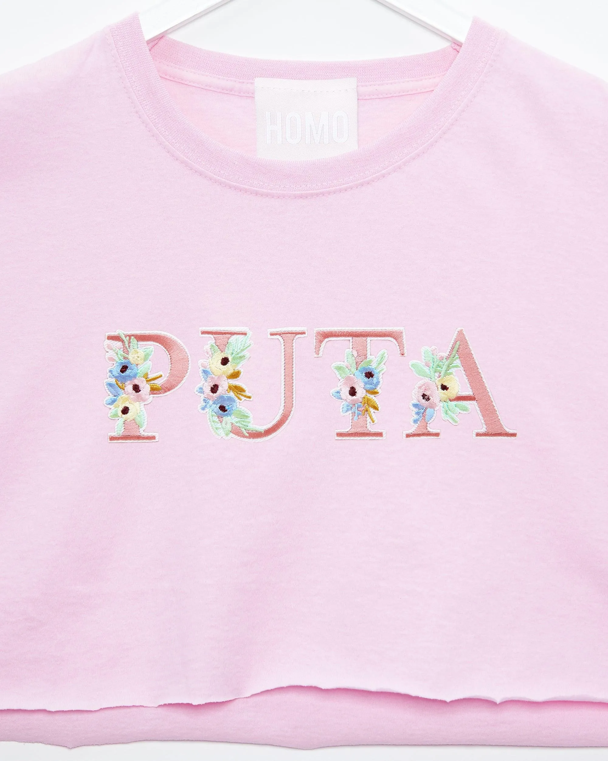 Puta, floral style embroidery on pink - crop top.