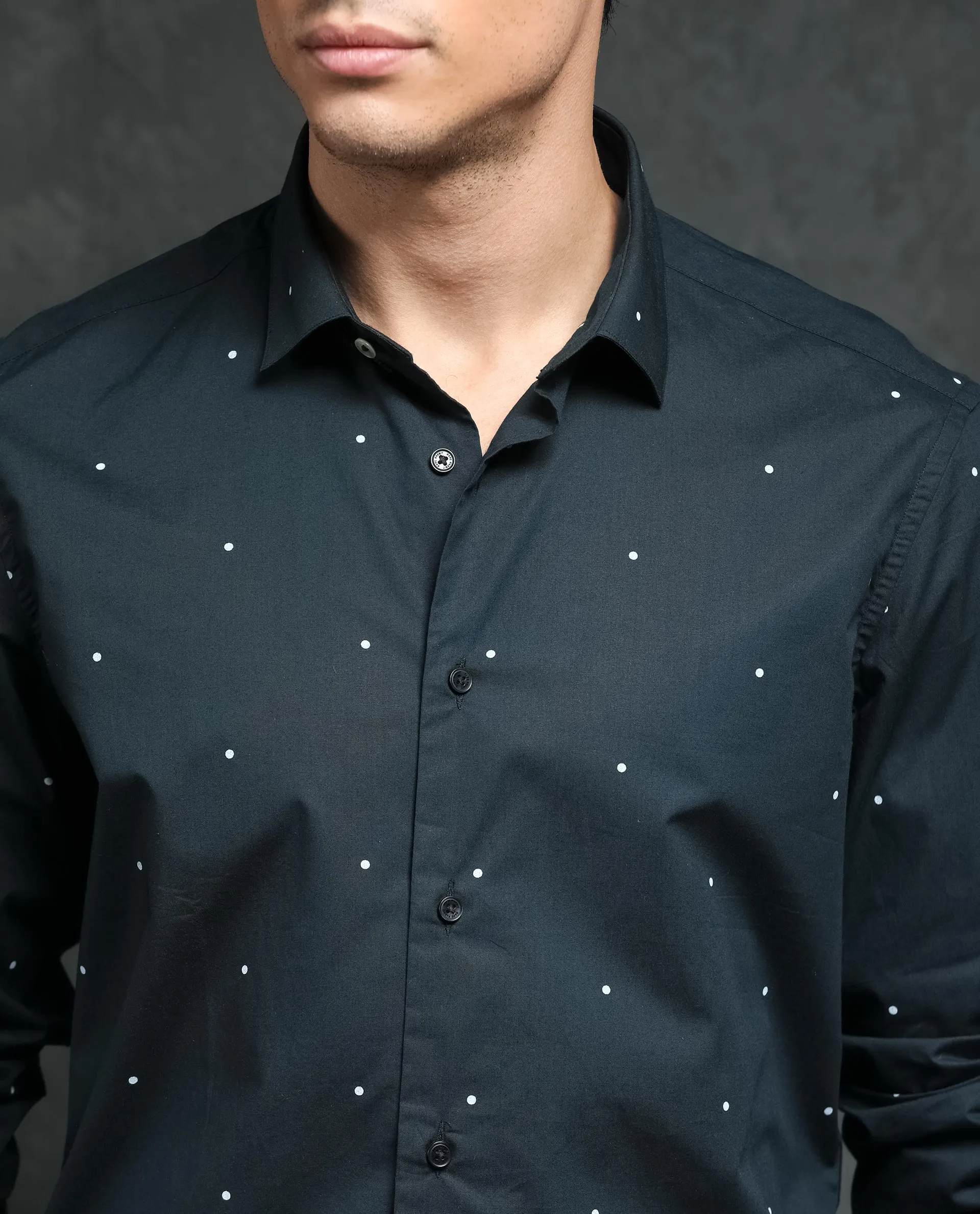 Rare Rabbit Plutoo Primary Black Cotton Fabric Polka Print Full Sleeves Shirt