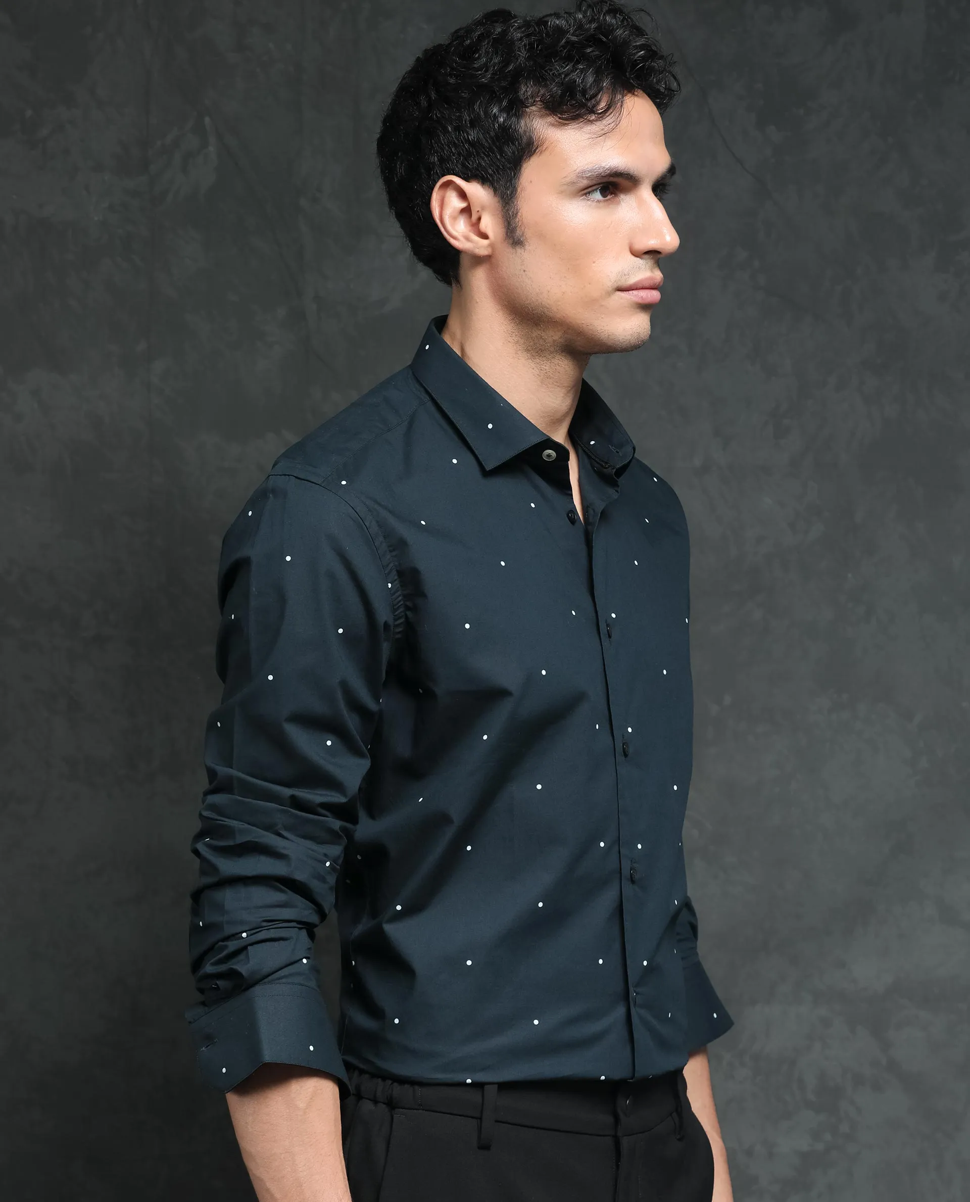 Rare Rabbit Plutoo Primary Black Cotton Fabric Polka Print Full Sleeves Shirt