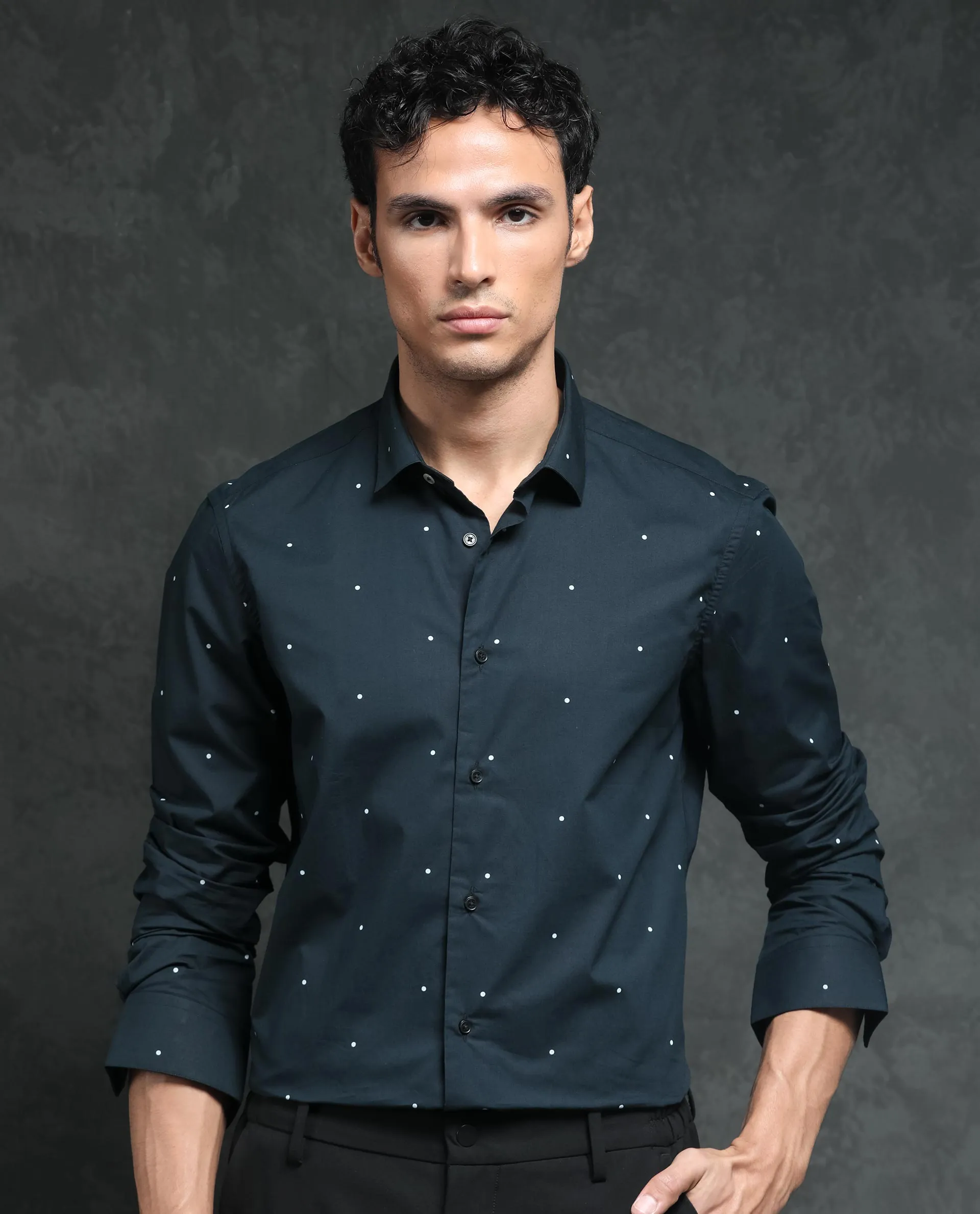 Rare Rabbit Plutoo Primary Black Cotton Fabric Polka Print Full Sleeves Shirt