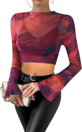 Remidoo Women's Mesh Top Mock Neck Tie Dye Long Sleeve Sheer Crop Tops Shirt